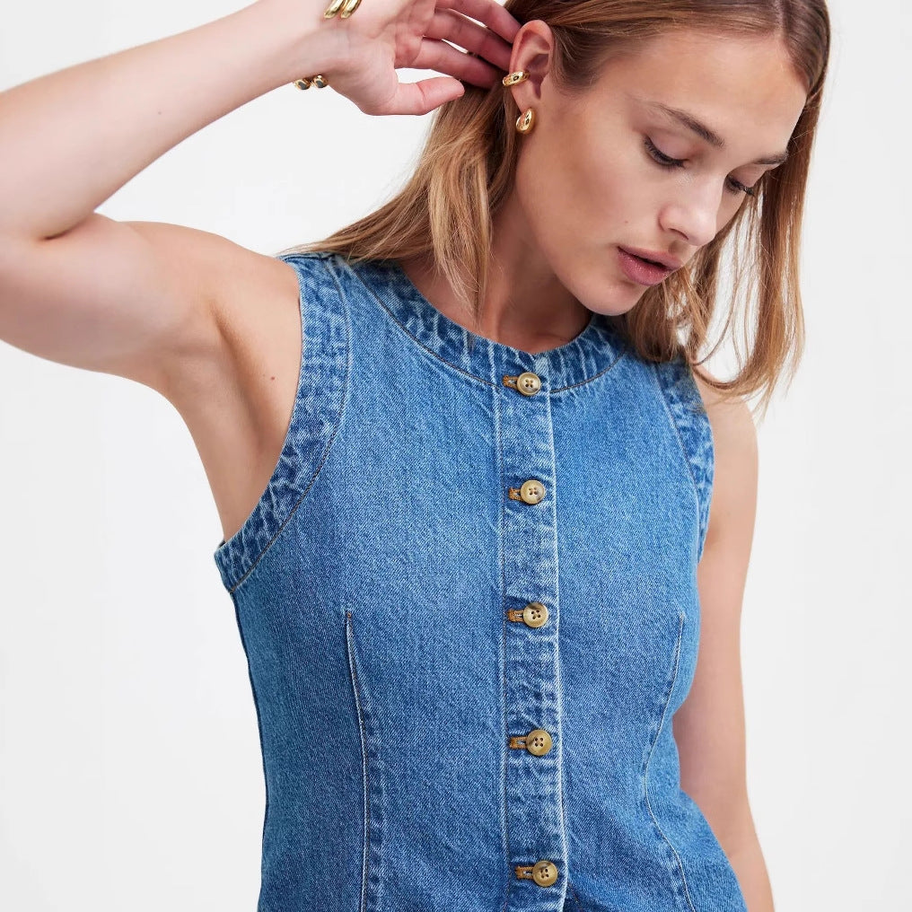 Damen Jeans-Weste mit asymmetrischem Schnitt und dekorativen Knöpfen Drune