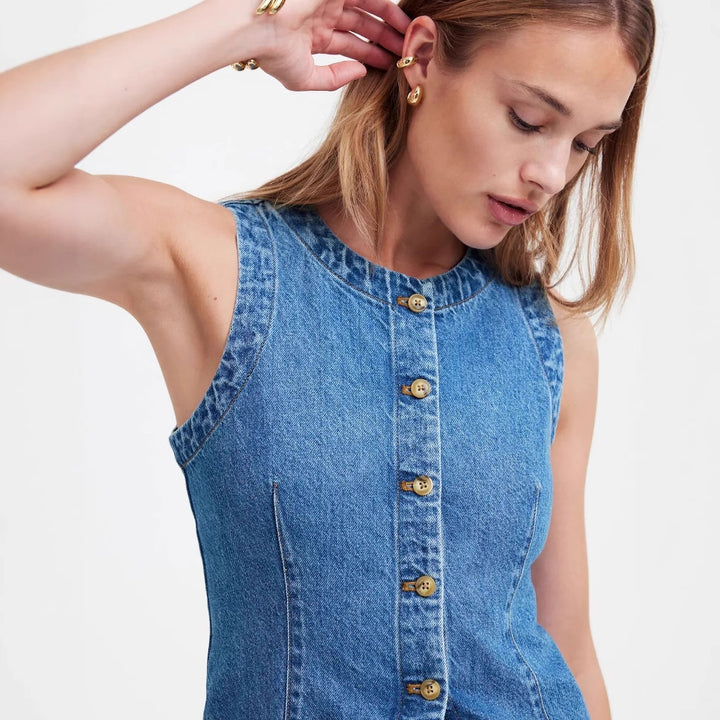 Damen Jeans-Weste mit asymmetrischem Schnitt und dekorativen Knöpfen Drune