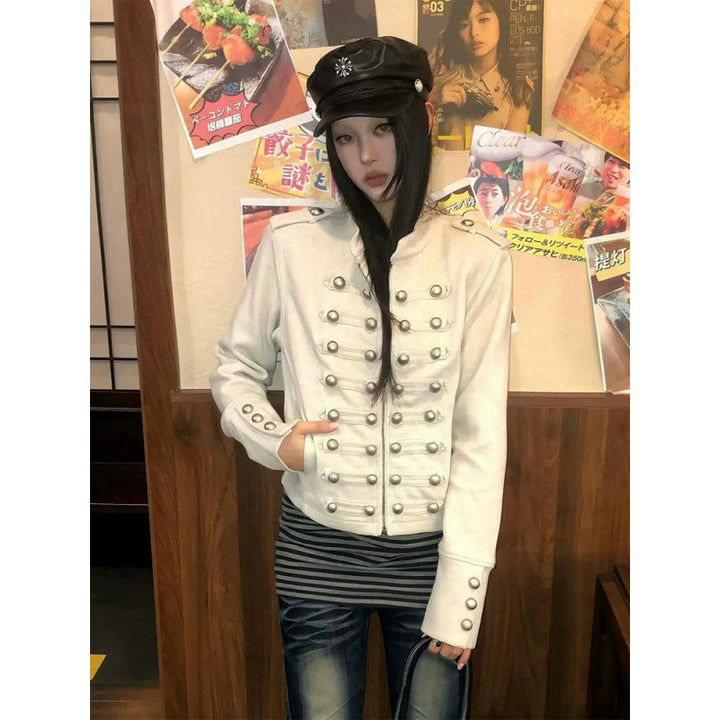 Damen Kurze Militärinspirierte Jacke mit doppelter Zierknopfleiste und Manschetten Drune