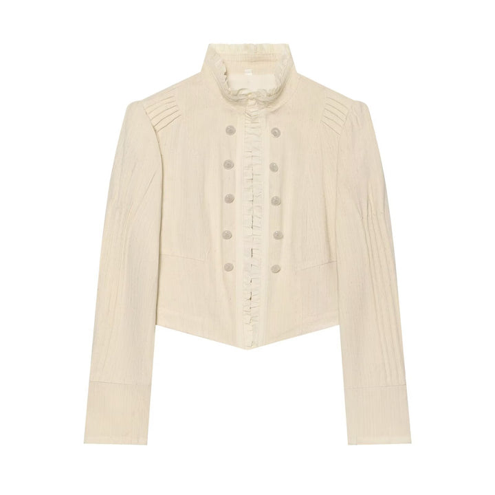 Damen Cropped Jacke mit Stehkragen, Rüschenblende und doppelreihiger Zierknopfleiste Drune