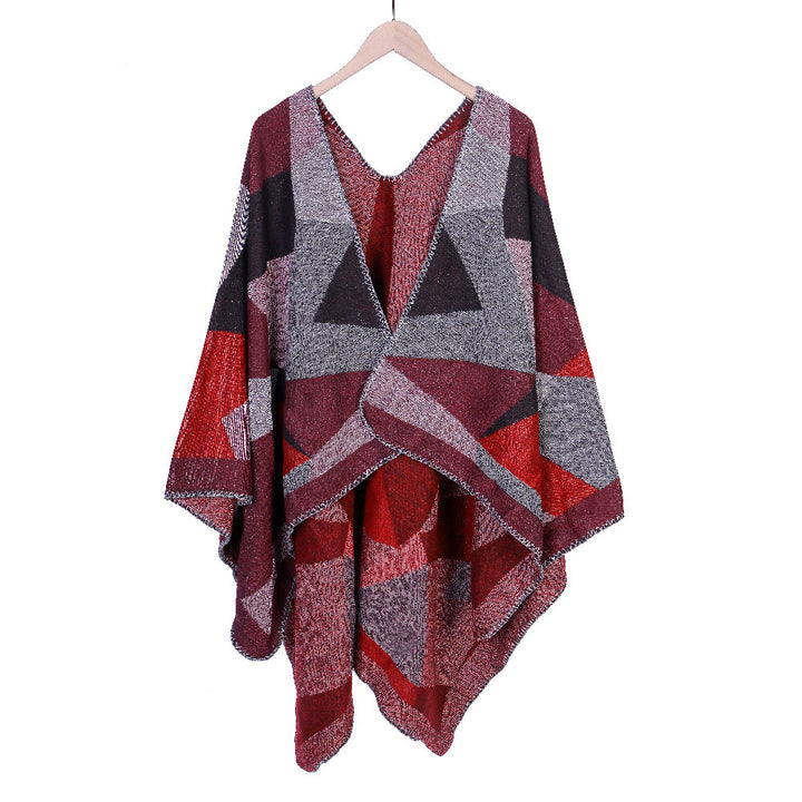 Damen Grobgestrickte Oversize-Ruana mit grafischem Blockmuster und asymmetrischem Zipfelrand Drune