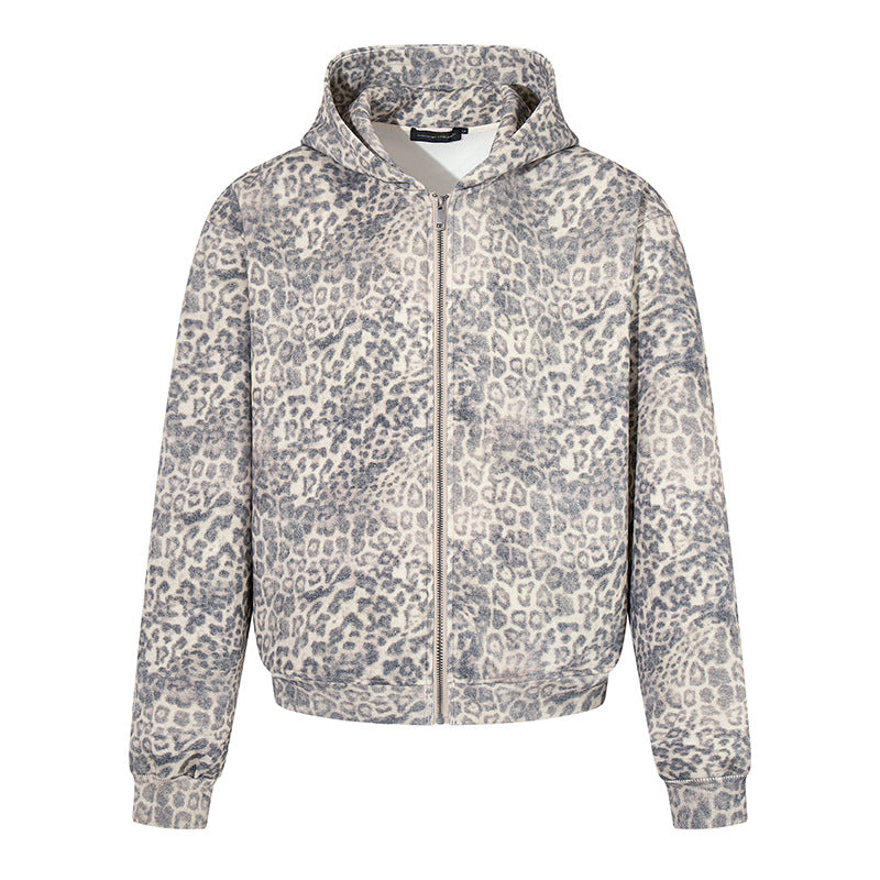 Damen Zip-Hoodie im soften Velours mit allover-Leo-Jacquard Drune