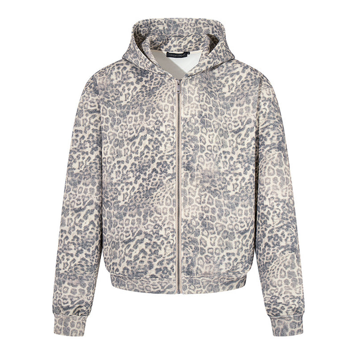 Damen Zip-Hoodie im soften Velours mit allover-Leo-Jacquard Drune