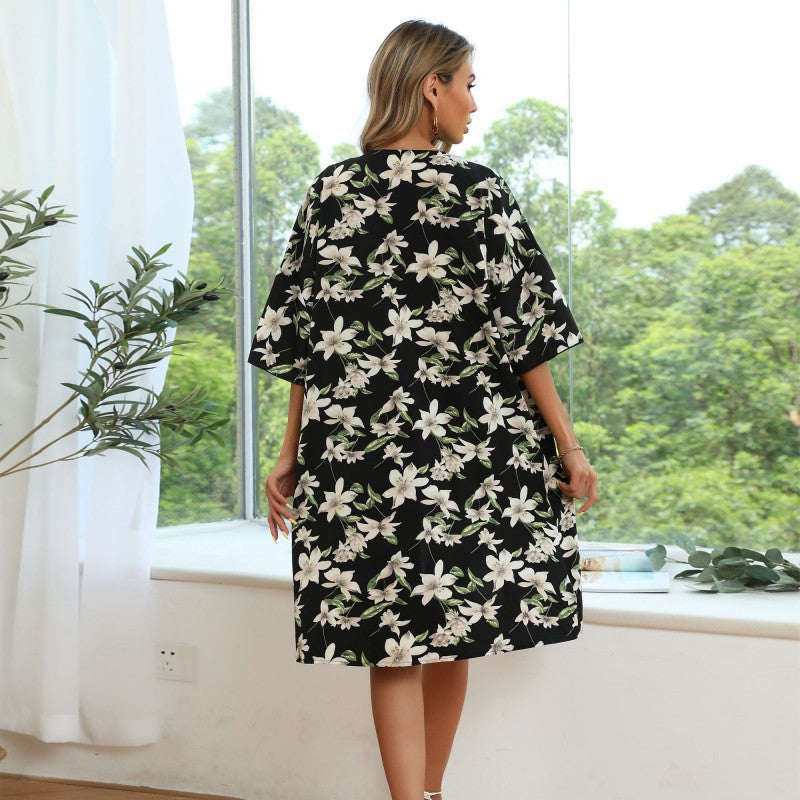 Damen Langer Kimono‑Blütenmantel mit floralem Print, offener Front und 3/4‑Ärmeln Drune