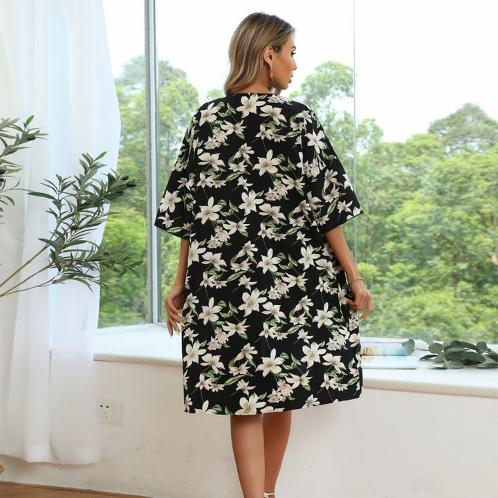 Damen Langer Kimono‑Blütenmantel mit floralem Print, offener Front und 3/4‑Ärmeln Drune