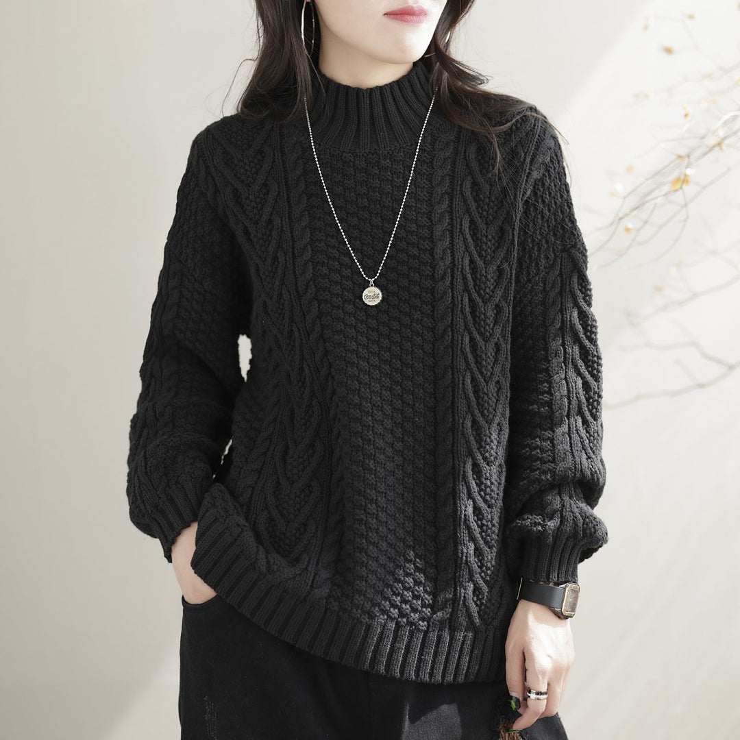 Damen Grobstrickpullover mit hohem Kragen und Zopfmuster Drune