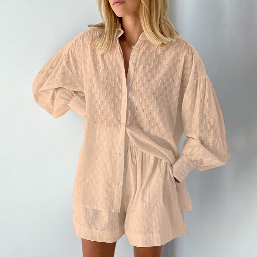 Damen luftiges Oberteil und Shorts Set mit feiner Struktur Drune