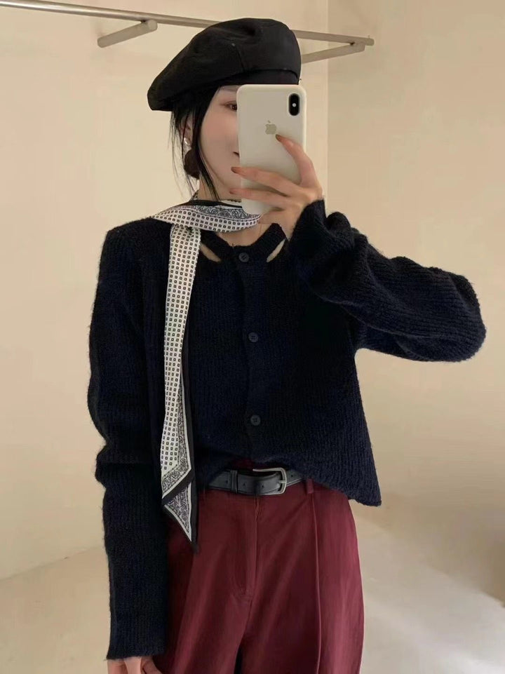 Damen lässige Strickjacke mit dekorativem Halstuch Drune