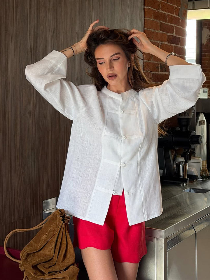 Damen Oversize-Leinenbluse mit Mandarin-Kragen, verdeckter Knopfleiste und dreiviertelärmeln Drune