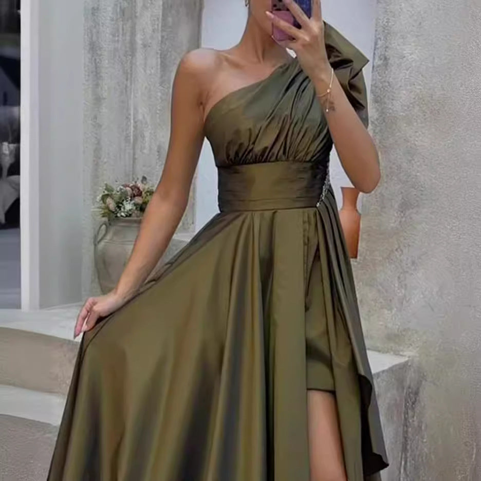 Damen Asymmetrisches Abendkleid mit tiefem Beinschlitz und elegantem Drapierung Drune