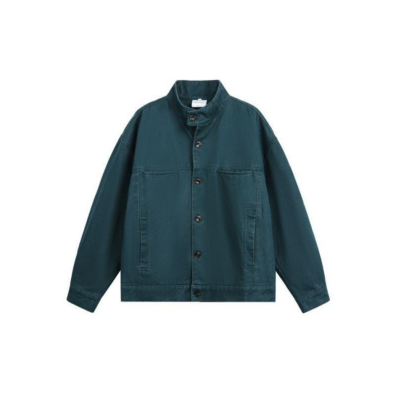 Herren Lockeres Canvas-Overshirt mit Stehkragen, aufgesetzten Eingrifftaschen und markanten Nahtdetails Drune