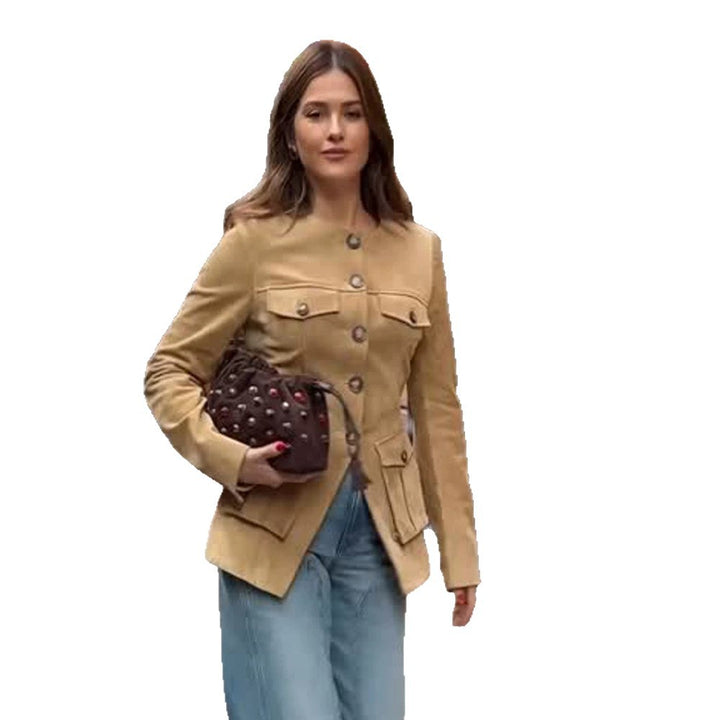 Damen Kurzjacke im Military-Utility-Stil mit aufgesetzten Pattentaschen und Rundhalsausschnitt Drune