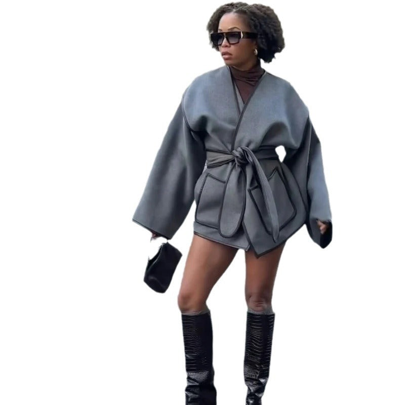 Damen Wickeljacke mit weitem Schnitt und praktischen Taschen Drune