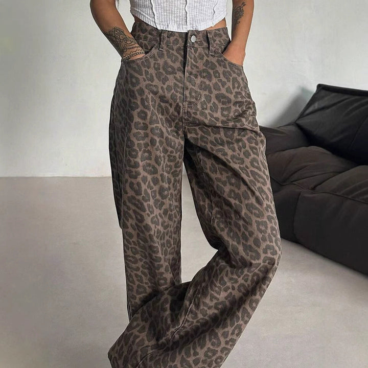 Damen Weit geschnittene Leoparden-Jeans im lässigen Stil Drune