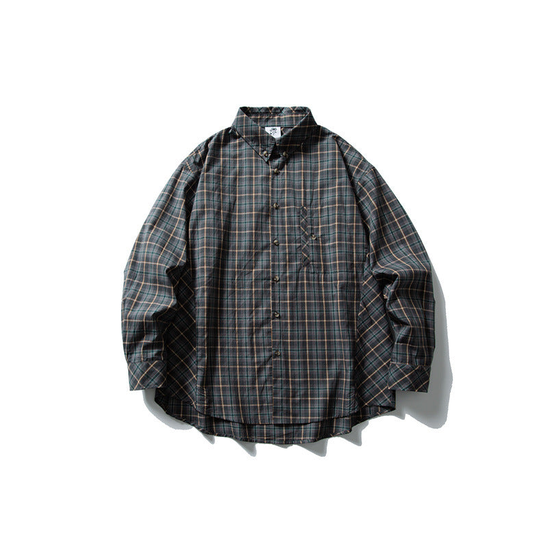 Unisex Oversize Kariertes Hemd mit Stehkragen, Brusttasche und gerundetem Saum Drune