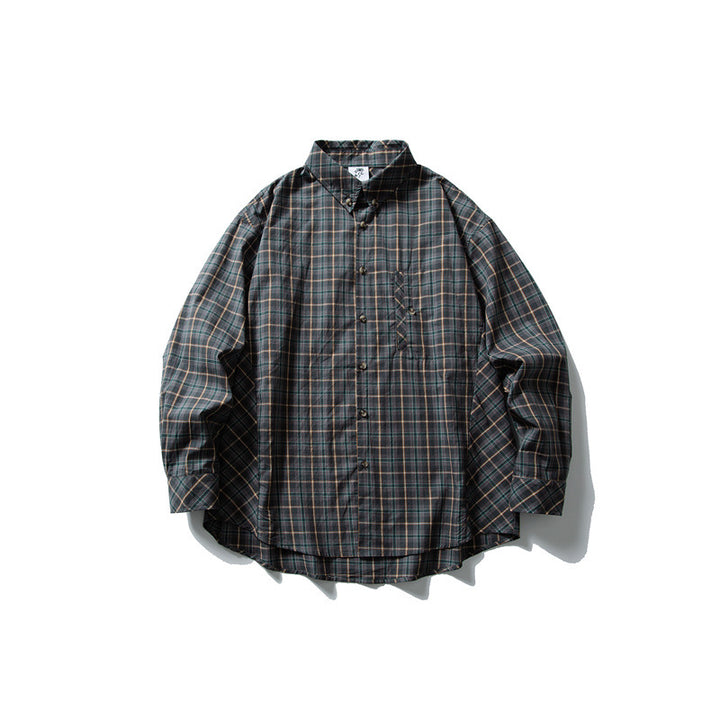 Unisex Oversize Kariertes Hemd mit Stehkragen, Brusttasche und gerundetem Saum Drune