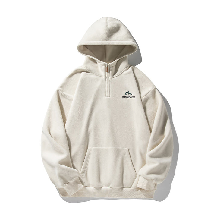 Unisex Fleece-Halbzip-Kapuzenpullover mit Kängurutasche und geripptem Saum Drune