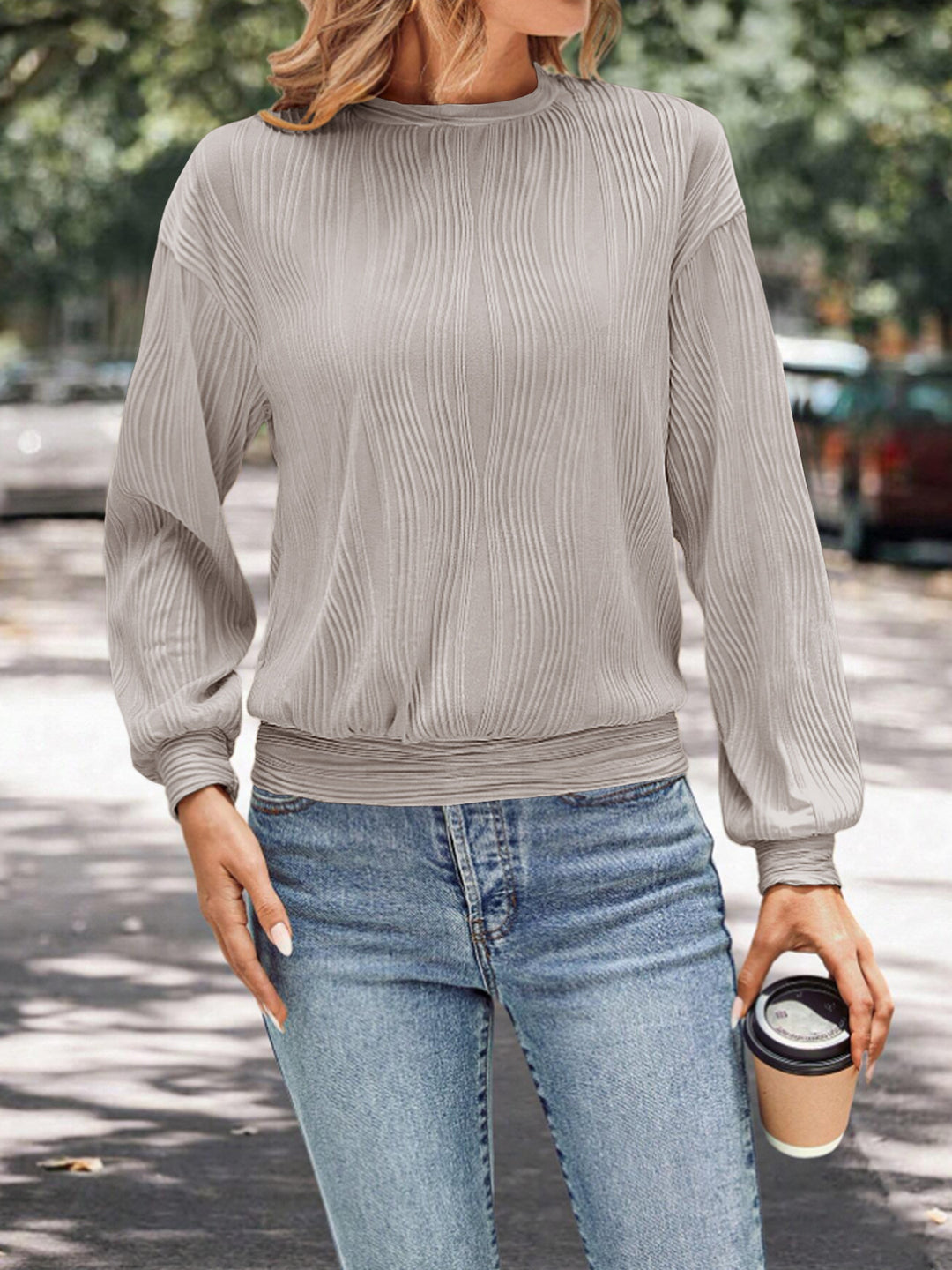 Damen lässiges Sweatshirt mit strukturiertem Stoff und elastischen Bündchen Drune