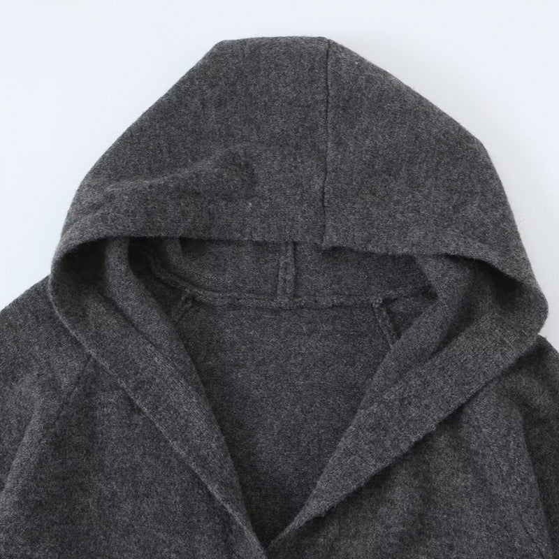 Damen Langer Kapuzen-Cardigan aus Feinstrick mit Knopfleiste und Rippbündchen Drune