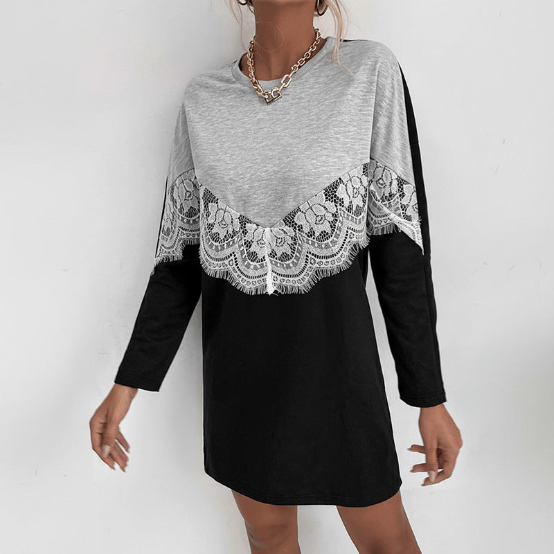 Damen Longshirtkleid mit V-förmiger Spitzenapplikation und legerer Passform Drune