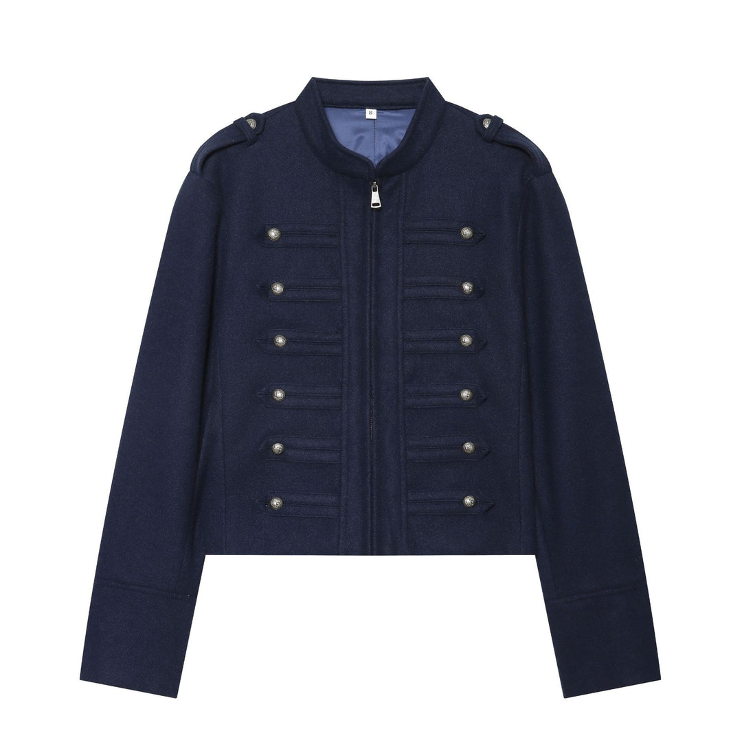 Damen nan militärisch inspirierte Wolljacke mit Stehkragen Zipper und dekorativen Knopfleisten Drune