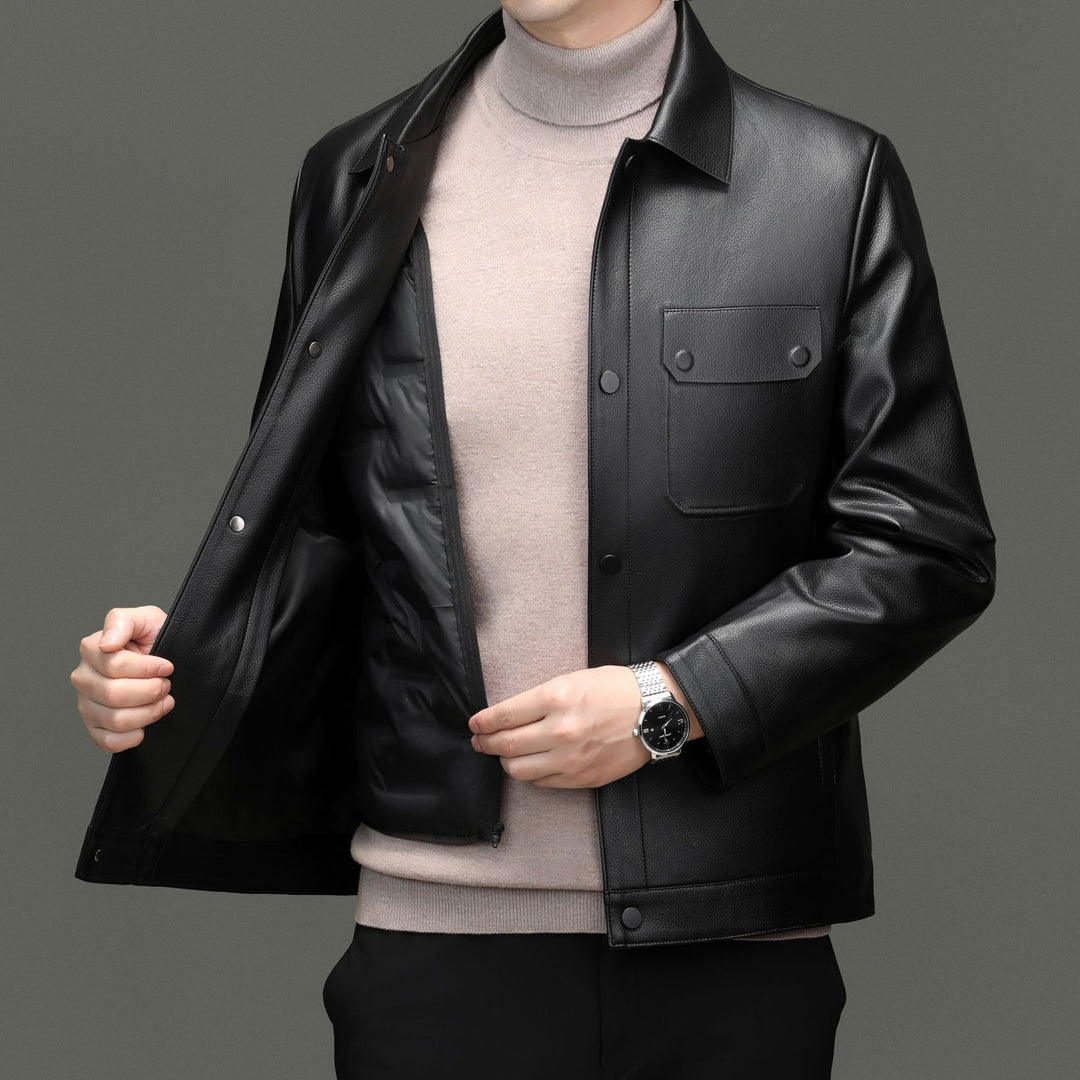Herren Lederjacke im Shirtstil mit Druckknopfverschluss und aufgesetzten Brusttaschen Drune