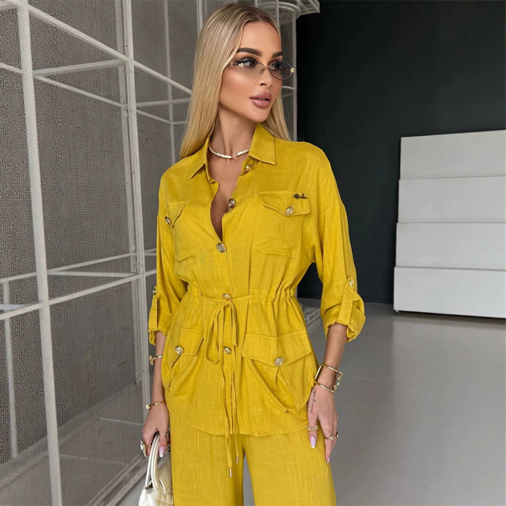 Damen Leinenoptik Utility-Hemdjacke mit Tunnelzugtaillierung und goldenen Zierknöpfen Drune