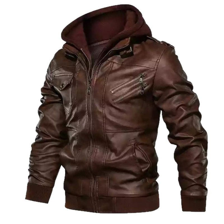 Herren Kapuzen-Lederjacke im Biker-Stil mit Stehkragen, Rippbündchen und multiplen Reißverschlusstaschen Drune