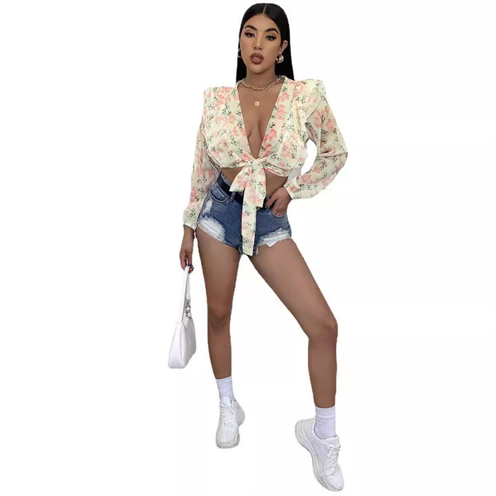 Damen Bluse mit Rüschen und floralem Design Drune