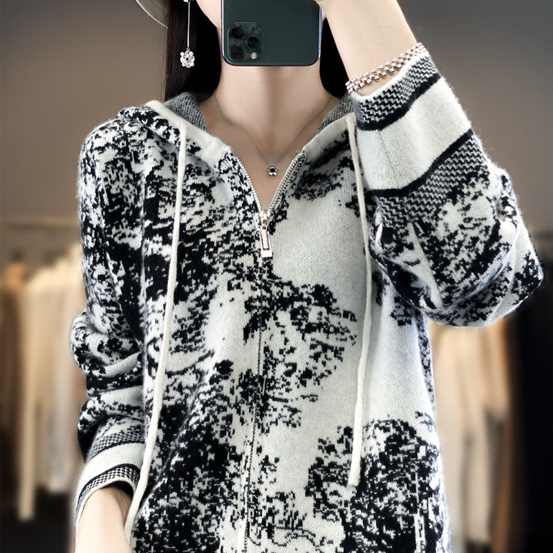 Damen Oversize Jacquard-Strickjacke mit Kapuze und Reißverschluss Drune