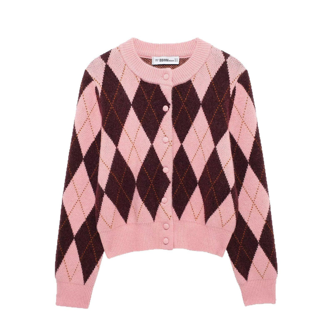 Damen Kurze Rauten‑Argyle‑Strickjacke mit Rundhals und stoffbezogenen Knöpfen Drune