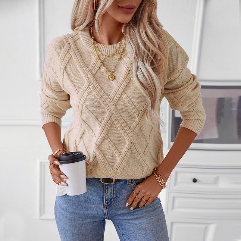 Damen nan grobstrukturierter Strickpullover mit großem Rautenmuster, geripptem Saum und Rundhalsausschnitt Drune