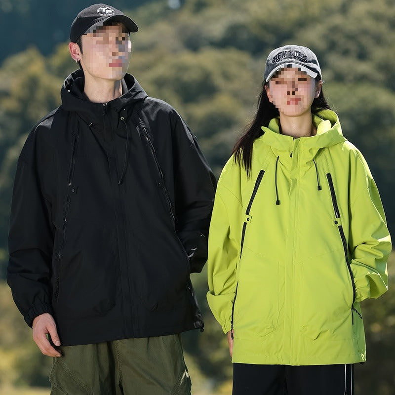 Herren Leichte winddichte Utility-Übergangsjacke mit Kapuze, Multifunktions-Reißverschlüssen & verstellbarem Saum Drune
