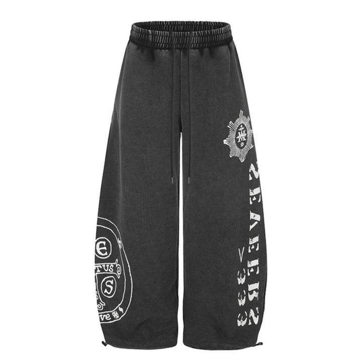 Damen Weite Mid‑Calf Palazzo‑Sweathose mit verstellbarem Saum, Tunnelzugbund und Statement‑Print Drune