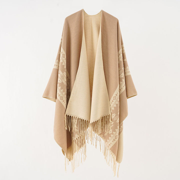 Damen Oversize Fransen-Poncho aus Jacquard-Baumwollmischung Drune