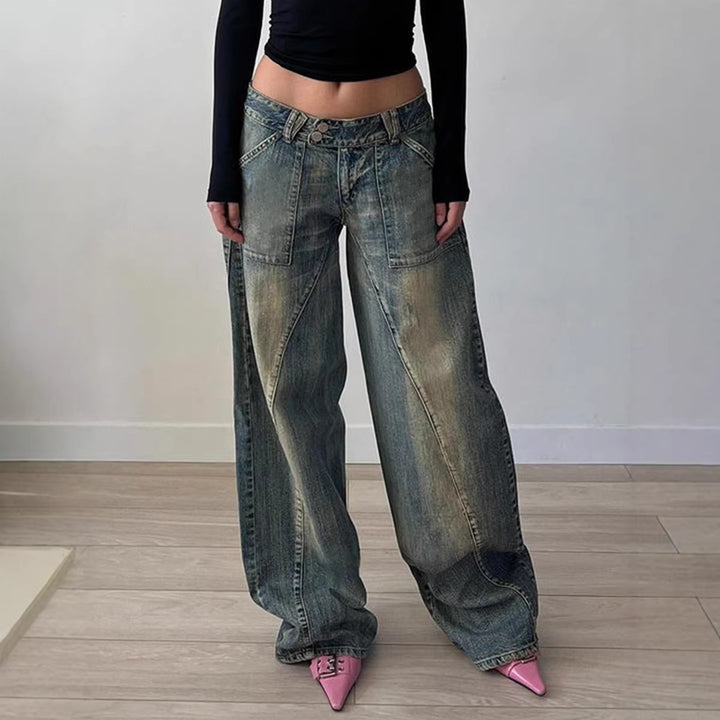 Damen nan weite Low-Rise Baggy-Jeans mit markanten V‑Nahtpaneelen und aufgesetzten Fronttaschen Drune