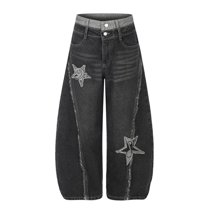 Damen High-Waist Weite Denim-Culotte mit Stern-Applikationen und Fransen-Detail Drune