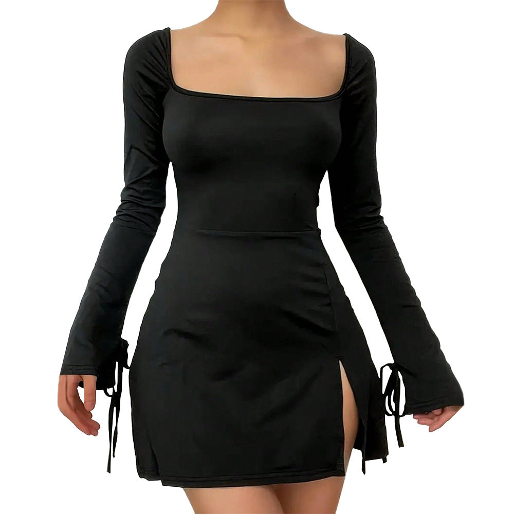 Damen figurbetontes Minikleid mit quadratischem Ausschnitt langen Ärmeln Bindbändern an den Ärmelabschlüssen und seitlichem Schlitz Drune
