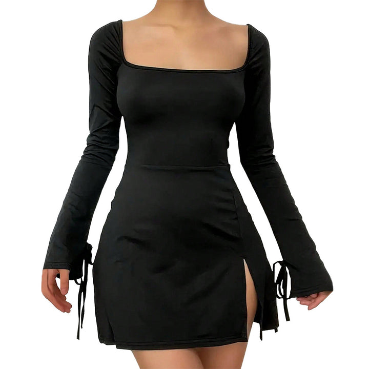 Damen figurbetontes Minikleid mit quadratischem Ausschnitt langen Ärmeln Bindbändern an den Ärmelabschlüssen und seitlichem Schlitz Drune