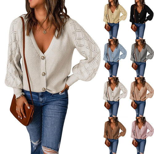 Damen Strickcardigan mit V-Ausschnitt, Zierknopfleiste und Ajourballonärmeln Drune