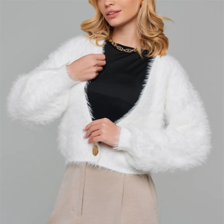 Damen Kurze flauschige Kunstfell-Cardigan mit offenem Schnitt und Raglanärmeln Drune