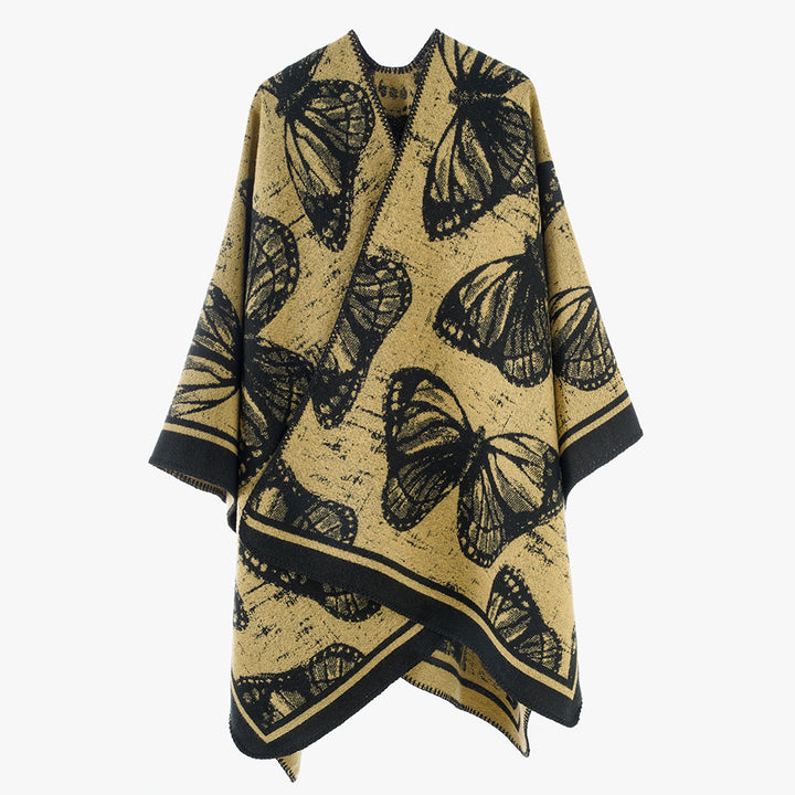 Damen Oversize-Stricküberwurf im Jacquard mit Schmetterlingsmotiv und kontrastierter Saumkante Drune