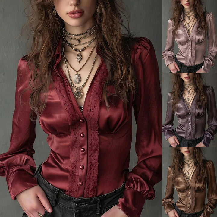 Damen Taillierte Satinbluse mit Spitzenpasse, Knopfleiste und Puffärmeln Drune