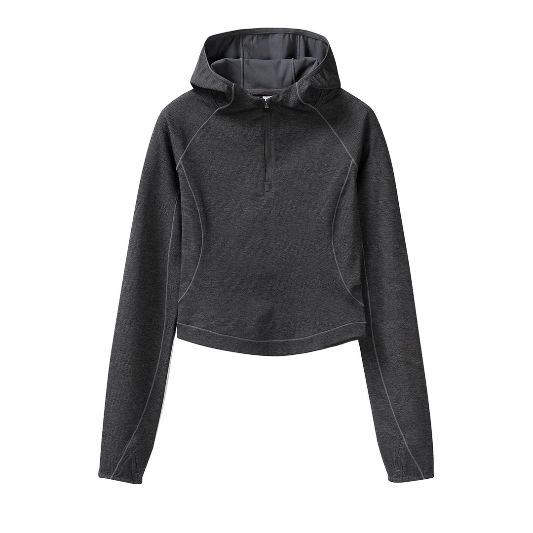 Damen Gekürzter Technical-Hoodie mit Halbzip, Kapuze und Daumenlöchern Drune