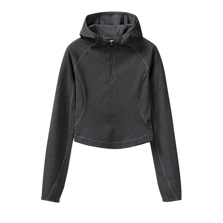 Damen Gekürzter Technical-Hoodie mit Halbzip, Kapuze und Daumenlöchern Drune