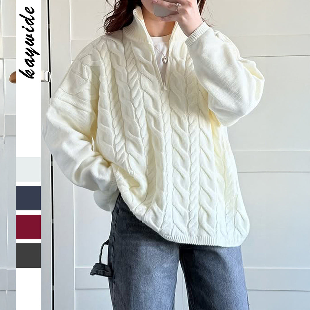 Damen nan oversized Zopfmuster-Troyer mit halbem Reißverschluss, hohem Stehkragen und gerundetem Saum Drune