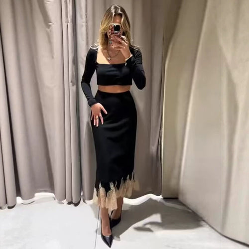 Damen Eleganter Bleistift‑Midirock mit kontrastierender Spitzenunterlage Drune