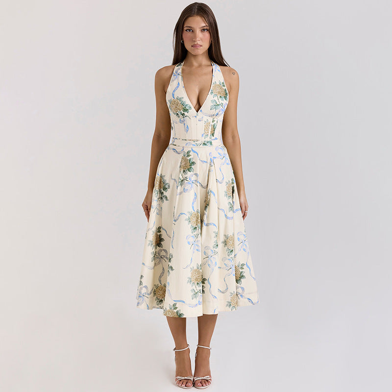 Damen Elegantes Blumen-Midikleid mit tiefem V-Ausschnitt Drune