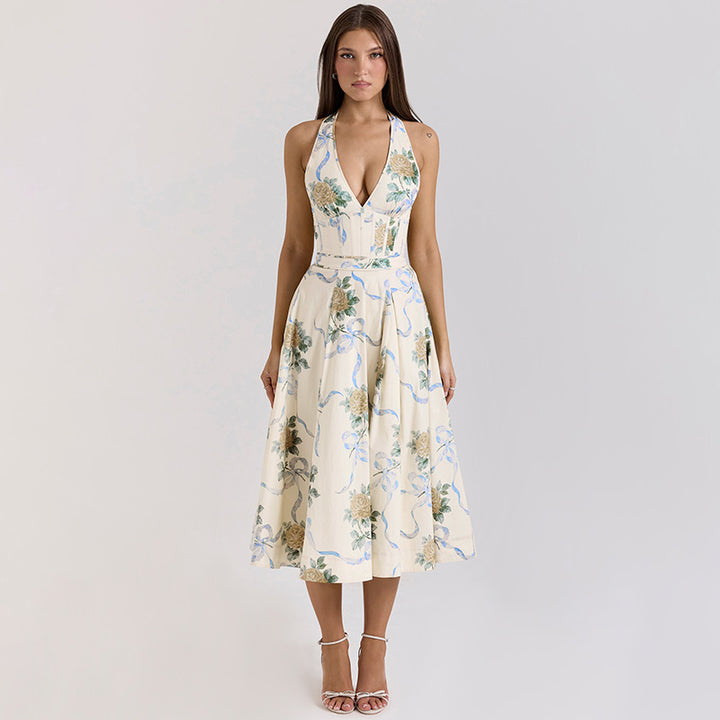 Damen Elegantes Blumen-Midikleid mit tiefem V-Ausschnitt Drune