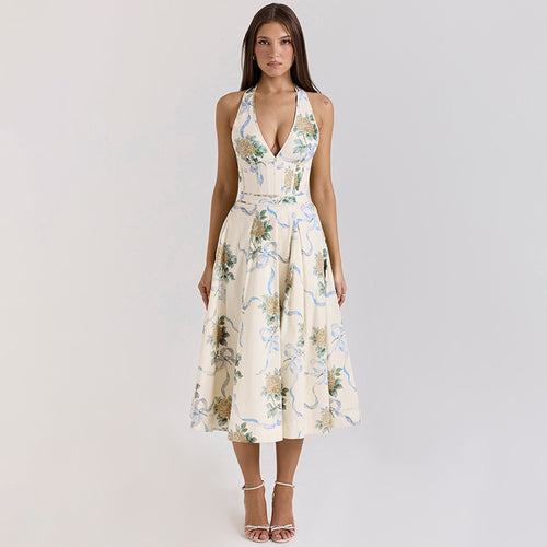 Damen Elegantes Blumen-Midikleid mit tiefem V-Ausschnitt Drune